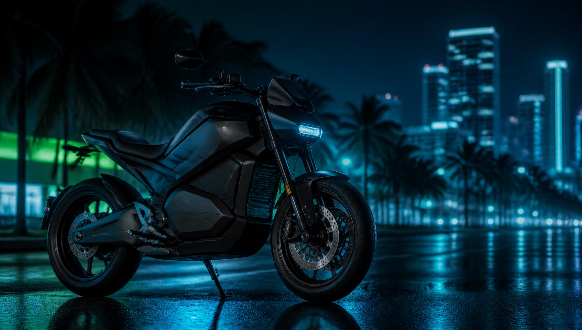 Moto eléctrica estacionada de noche en una calle de Miami (imagen provisional)